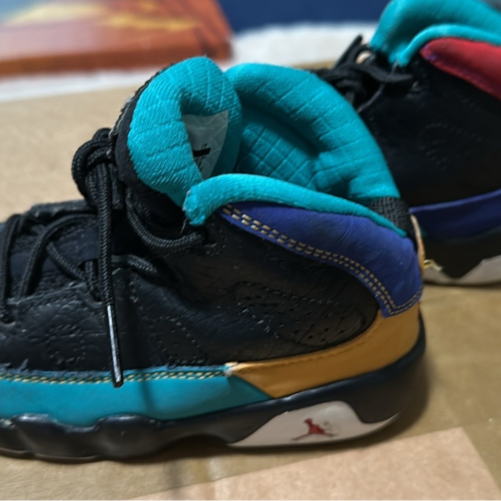 Jordan 9 retro dream it  Kids Black and Teal Sneakers with Gold and Blue Accents